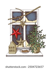 Christmas sketched interior in color vector