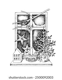 Christmas sketched interior with window decorations