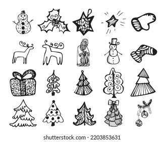 Montaje de Navidad con ciervo, árbol, torta, pan de jengibre, mitones, juguetes, muñeco de nieve, santa, regalos y calcetines Plantilla para el diseño de invierno