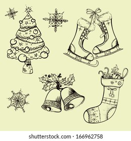 Christmas sketches, retro, sock, tree, bells, skates, black and white