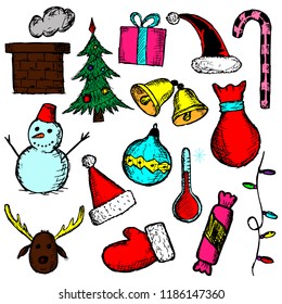 Christmas sketches. Vector colorful cartoon doodles. Isolated objects on a white background.