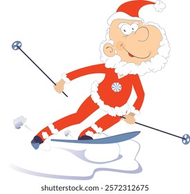 Christmas. Skiing funny Santa Claus. Winter sport. Cartoon Santa Claus a skier Isolated on white background	