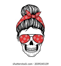 Christmas Skull. Female skull with aviator glasses, bandana and snowflakes  print. Mom skull with messy bun. Vector illustration. Good for posters, t shirts, postcards.