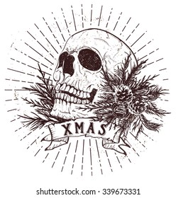 Christmas skull and fir branches with cones