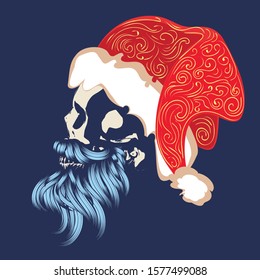 Christmas skull with modern hairstyle and beard wears santa cap illustration.