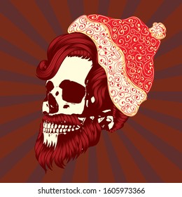 Christmas skull with modern hairstyle and beard wears santa cap illustration.