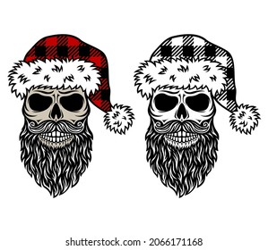 Christmas Skull Santa Claus in red plaid hat and beard. Vector cartoon Illustration. Isolated on white background. Creepy Christmas style character for card, t-shirt.