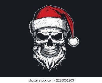 Christmas Skull Santa Claus vintage style. Vector illustration. New Year or Christmas party poster.