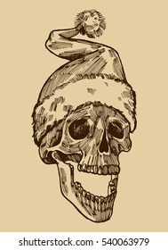 Christmas skull vintage drawing.