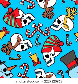 Christmas skulls pattern seamless. Skeleton head of Santa and his helpers texture. Christmas and New Year scary background.