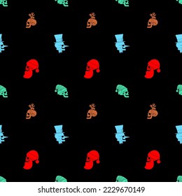 Christmas skulls pattern seamless. Skeleton head of Santa and his helpers texture. Christmas and New Year scary background.