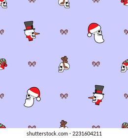 Christmas skulls pattern seamless. Skeleton head of Santa and his helpers texture. Christmas and New Year scary background.