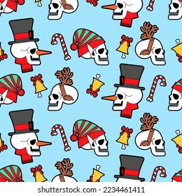 Christmas skulls pattern seamless. Skeleton head of Santa and his helpers texture. Christmas and New Year scary background.