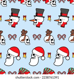 Christmas skulls pattern seamless. Skeleton head of Santa and his helpers texture. Christmas and New Year scary background.