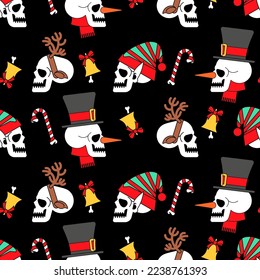 Christmas skulls pattern seamless. Skeleton head of Santa and his helpers texture. Christmas and New Year scary background.