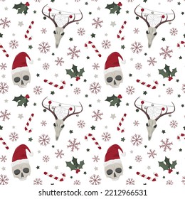 Christmas skulls seamless pattern. Hand drawn human and deer skulls, candies, and snowflakes. Spooky and scary Halloween skull. Isolated on white background.