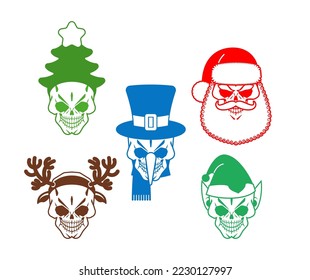 Christmas skulls set. Skeleton head of Santa and his helpers. Christmas and New Year scary illustration.