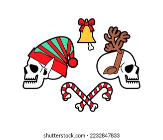 Christmas skulls set. Skeleton head of Santa and his helpers. Christmas and New Year scary illustration.