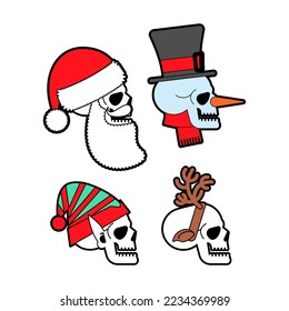 Christmas skulls set. Skeleton head of Santa and his helpers. Christmas and New Year scary illustration.