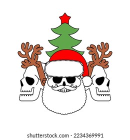 Christmas skulls set. Skeleton head of Santa and his helpers. Christmas and New Year scary illustration.