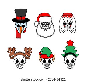 Christmas skulls set. Skeleton head of Santa and his helpers. Christmas and New Year scary illustration.