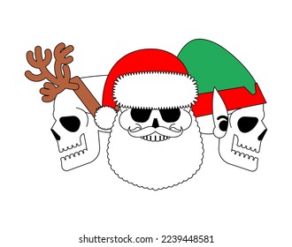 Christmas skulls set. Skeleton head of Santa and his helpers. Christmas and New Year scary illustration.