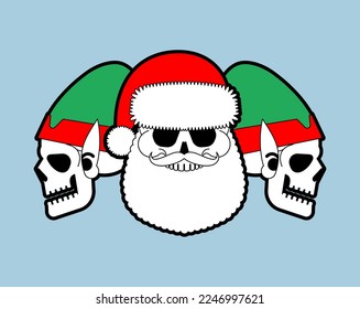 Christmas skulls set. Skeleton head of Santa and his helpers. Christmas and New Year scary illustration.