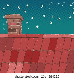 Christmas sky from the roof of a house with a chimney. Seasonal holiday mood for background. The roof of the house at night. Pop Art Retro Vector Illustration Kitsch Vintage 50s 60s Style
