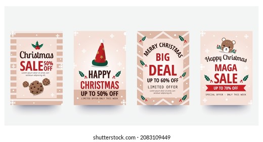  Diseño de carteles y volantes de la venta navideña con texto promocional de venta y colorido elemento navideño. Ilustración vectorial.