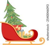 Christmas sled with present. Hand drawn vector illustration for Xmas