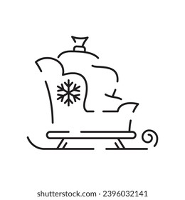 Christmas sled. Santa Claus sleigh vector line icon. Merry Christmas sign. Santa Claus with gift illustration on background, Flying Christmas sleigh symbol