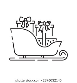 Christmas sled. Santa Claus sleigh vector line icon. Merry Christmas sign. Santa Claus with gift illustration on background, Flying Christmas sleigh symbol