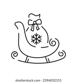 Christmas sled. Santa Claus sleigh vector line icon. Merry Christmas sign. Santa Claus with gift illustration on background, Flying Christmas sleigh symbol