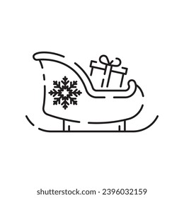 Christmas sled. Santa Claus sleigh vector line icon. Merry Christmas sign. Santa Claus with gift illustration on background, Flying Christmas sleigh symbol
