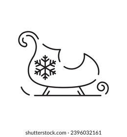 Christmas sled. Santa Claus sleigh vector line icon. Merry Christmas sign. Santa Claus with gift illustration on background, Flying Christmas sleigh symbol