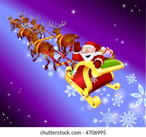 Christmas sled. Santa waving from his sled