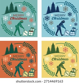 Christmas Sled Scene Vector Set – Festive Holiday Design with Gifts, Snowflakes, and Trees