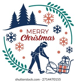 Diseño de trineo y círculo de árboles de Navidades: Vector festivo de Festiva con regalos y copos de nieve