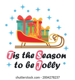 Christmas sledge with present boxes, flat design, postcard, gift card. New year holiday festive transport sled