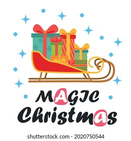 Christmas sledge with present boxes, flat design, postcard, gift card. New year holiday festive transport sled