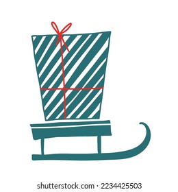 Christmas sledge with present. Doodle winter illustration. Winter gift sledge vector illustration.
