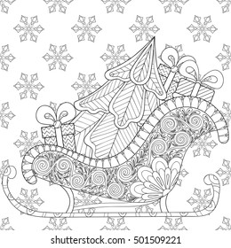 Christmas sledges of Santa with Christmas tree, gifts on snowflakes seamless pattern for adult anti stress coloring page, art therapy, tattoo. Vector illustration, artistic hand drawn sketch.