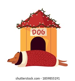 christmas, sleeping dog with blanket and house with lights celebration