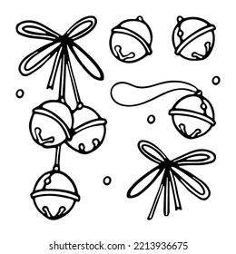 Cintas de trineo navideño con arco de cinta sobre fondo blanco en el estilo de dibujos animados Vector. Jingle Bells dibujó a mano Esquema de dibujo lineal de la página del libro Coloring para adultos y niños 