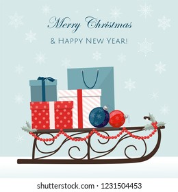 Christmas sleigh filled with gift boxes and shopping bags. Vector Illustration