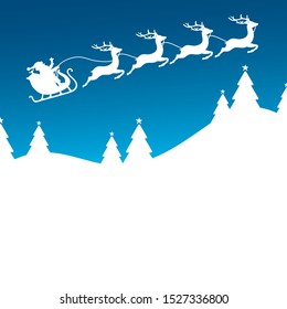 Christmas Sleigh Flying To The Right Forest Blue Background