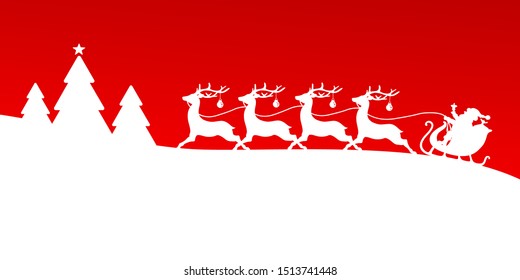 Christmas Sleigh Four Reindeers With Baubles In Forest Red Background