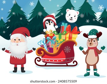 Christmas sleigh full of gifts. Christmas illustration of Santa Claus and friends with his sleigh ready to distribute gifts. Christmas characters