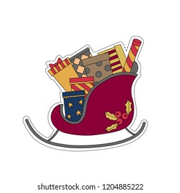 Christmas sleigh with gift box. Sticker for the New Year. Vector illustration present.