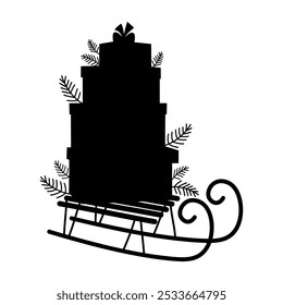 Christmas sleigh with gift boxes and tree branches. Silhouette black drawing New Year decor element isolated on white background. Vector illustration